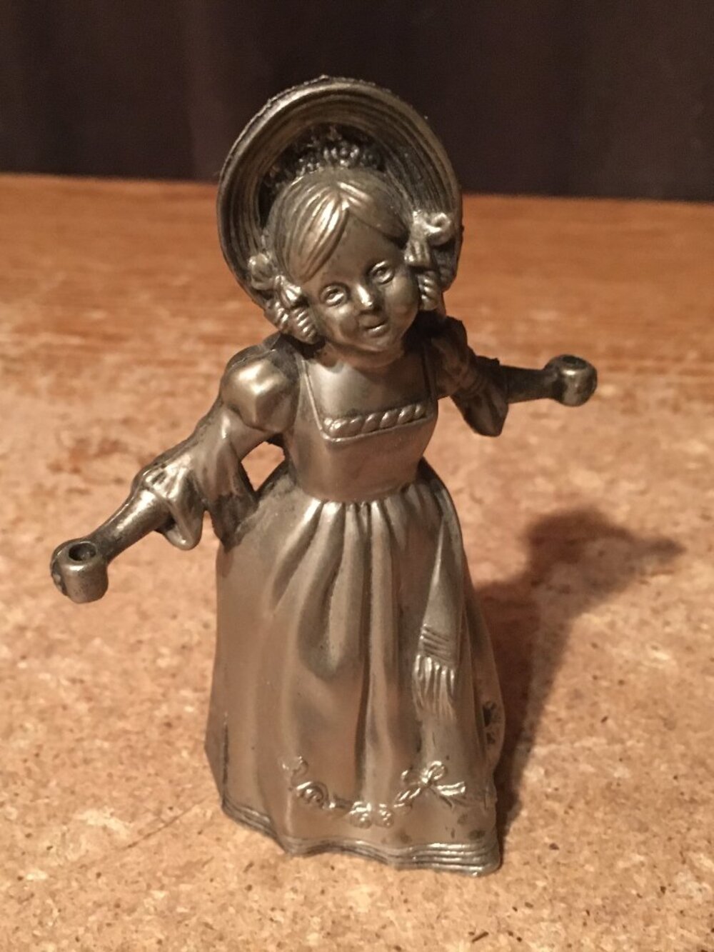 VINTAGE 1800’S PEWTER CANDLE SNUFFER VICTORIAN GIRL IN BONNET 4"